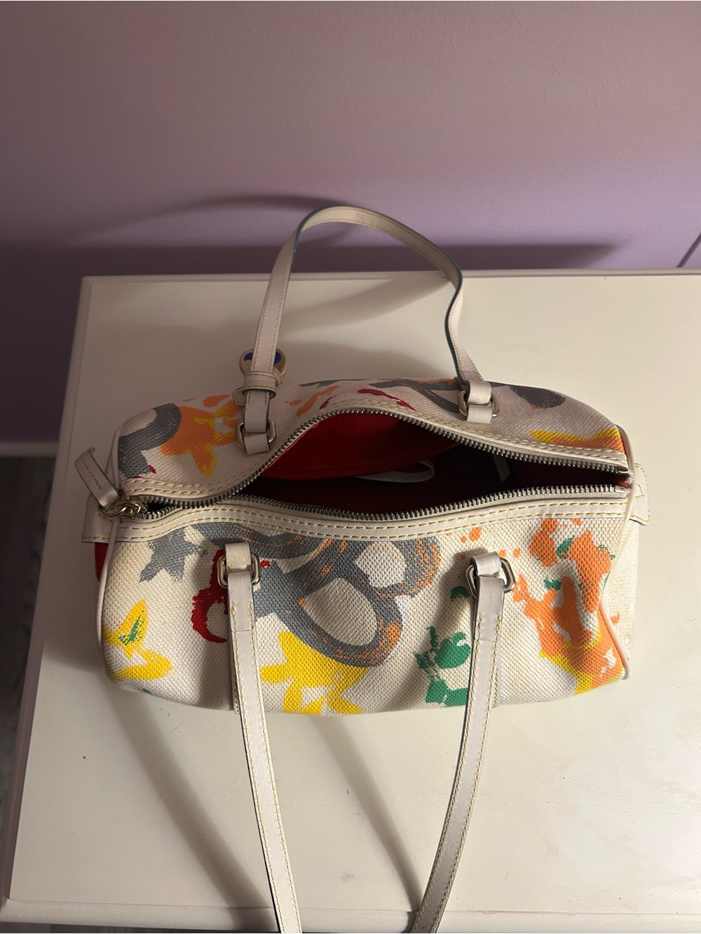 Dooney & Bourke Cream Canvas Graffiti Barrel Shoulder Bag - Picture 2 of 6